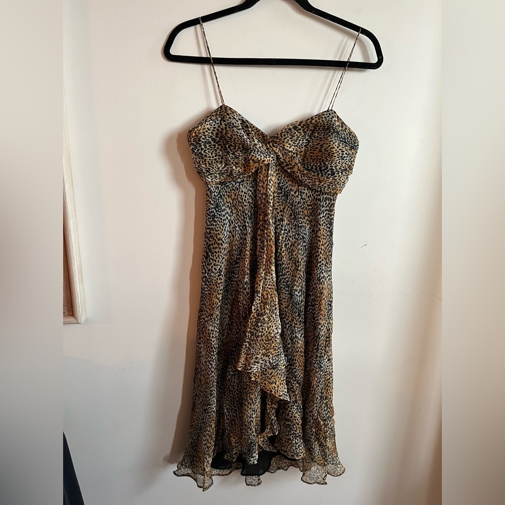 NWT Mendocino Plenty 100% Silk Leopard Print Spaghetti Strap Ruffled Dress - 6